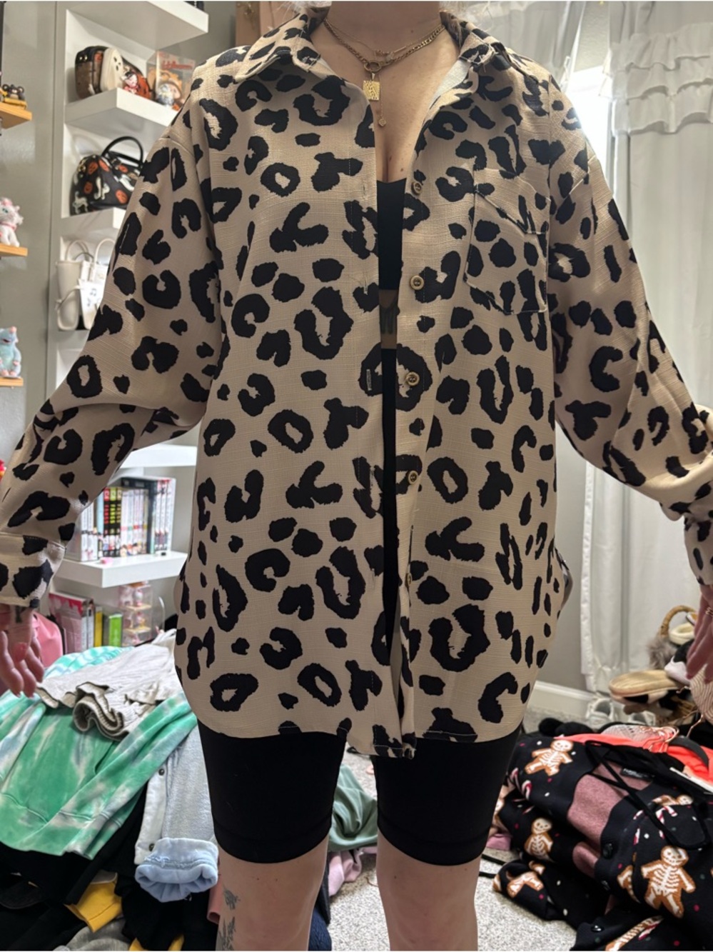 Leopard Print Long Sleeve Shirt Jacket - Beige/Black